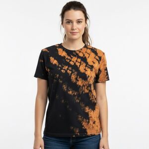 NEW Hand Dyed Black & Orange Arashi Shibori Reverse Tie-Dye Bleach-Dyed T-Shirt